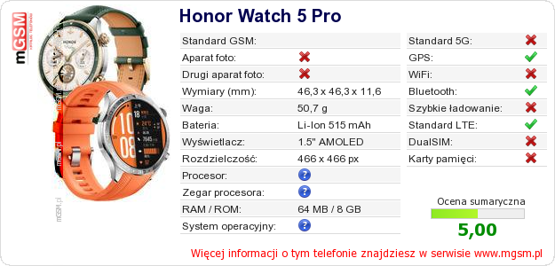 Dane telefonu Honor Watch 5 Pro
