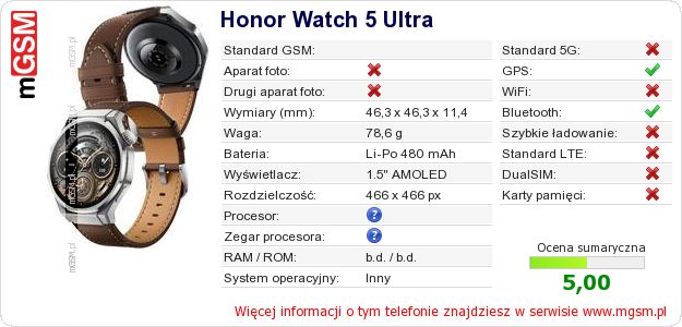 Dane telefonu Honor Watch 5 Ultra