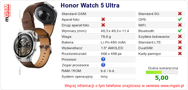 Dane telefonu Honor Watch 5 Ultra