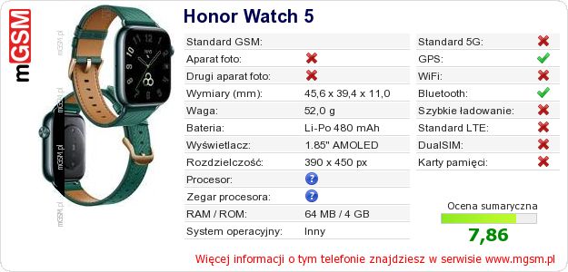 Dane telefonu Honor Watch 5