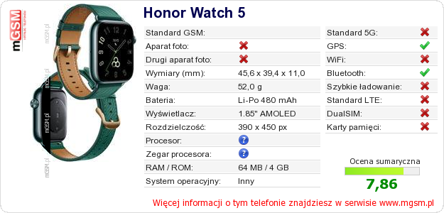 Dane telefonu Honor Watch 5 Dane telefonu Honor Watch 5