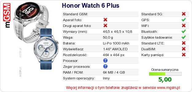 Dane telefonu Honor Watch 6 Plus Dane telefonu Honor Watch 6 Plus