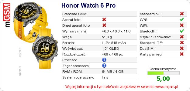 Dane telefonu Honor Watch 6 Pro Dane telefonu Honor Watch 6 Pro