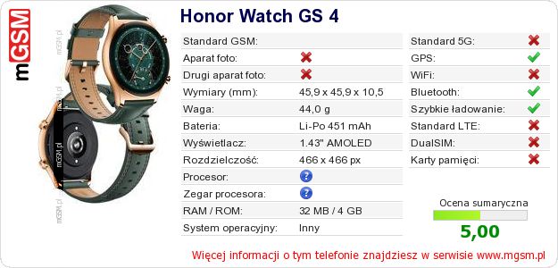 Dane telefonu Honor Watch GS 4 Dane telefonu Honor Watch GS 4
