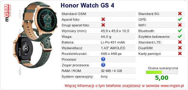Dane telefonu Honor Watch GS 4