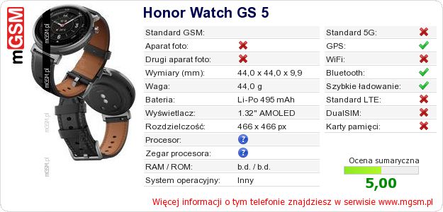 Dane telefonu Honor Watch GS 5