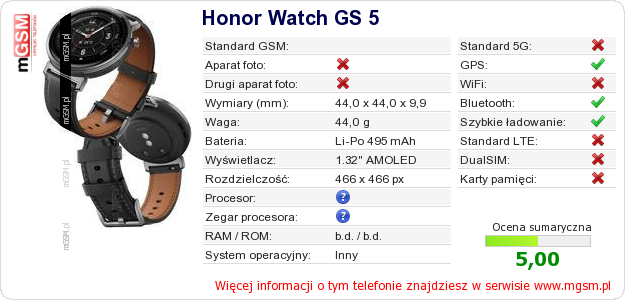 Dane telefonu Honor Watch GS 5