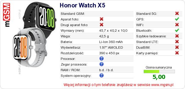 Dane telefonu Honor Watch X5 Dane telefonu Honor Watch X5