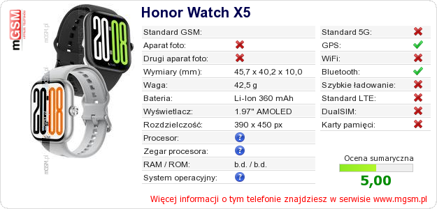 Dane telefonu Honor Watch X5 Dane telefonu Honor Watch X5