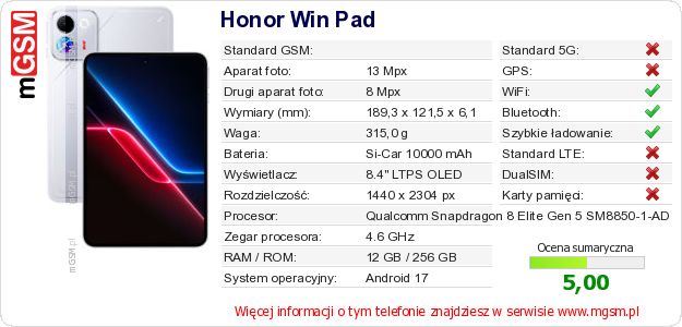 Dane telefonu Honor Win Pad