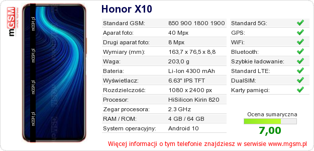 Dane telefonu Honor X10