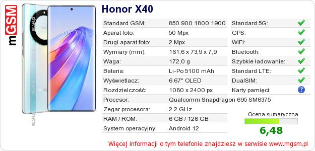 Dane telefonu Honor X40