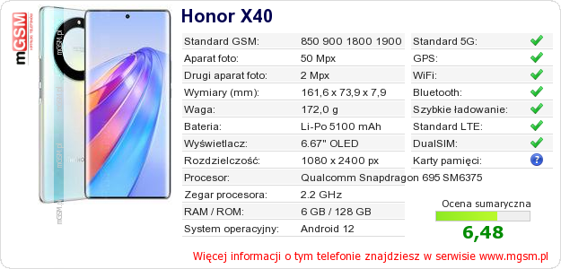 Dane telefonu Honor X40
