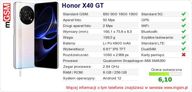 Dane telefonu Honor X40 GT
