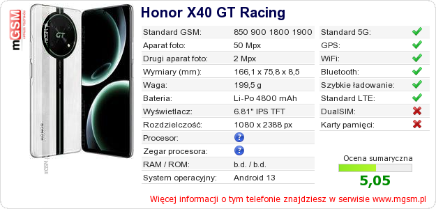 Dane telefonu Honor X40 GT Racing