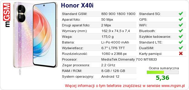 Dane telefonu Honor X40i