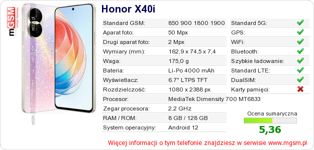 Dane telefonu Honor X40i