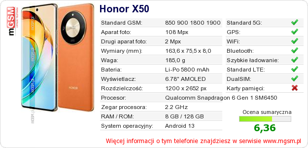 Dane telefonu Honor X50