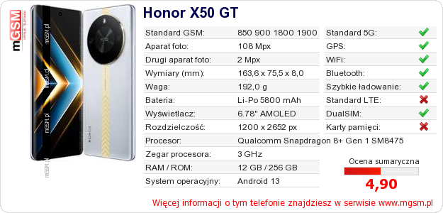 Dane telefonu Honor X50 GT Dane telefonu Honor X50 GT