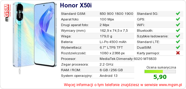Dane telefonu Honor X50i Dane telefonu Honor X50i