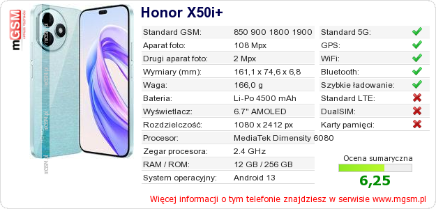 Dane telefonu Honor X50i+ Dane telefonu Honor X50i+