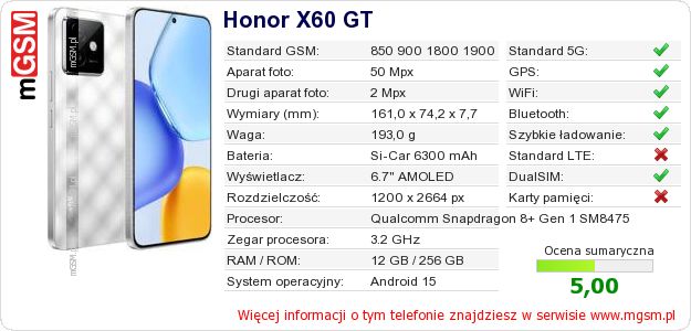 Dane telefonu Honor X60 GT