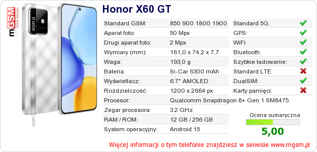 Dane telefonu Honor X60 GT