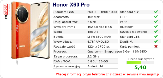 Dane telefonu Honor X60 Pro