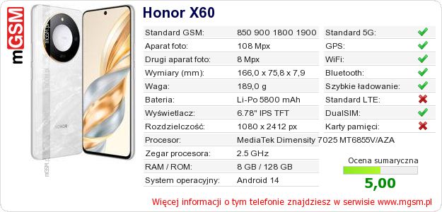 Dane telefonu Honor X60 Dane telefonu Honor X60