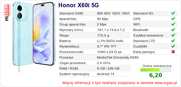 Dane telefonu Honor X60i 5G