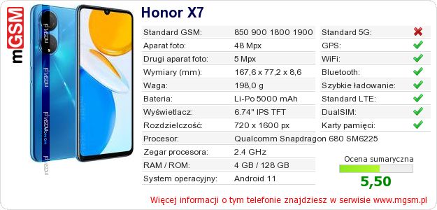 Dane telefonu Honor X7 Dane telefonu Honor X7