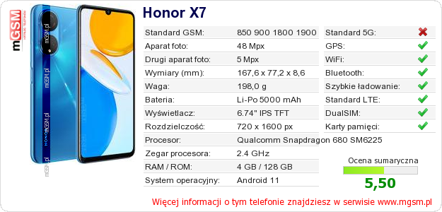 Dane telefonu Honor X7