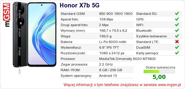 Dane telefonu Honor X7b 5G