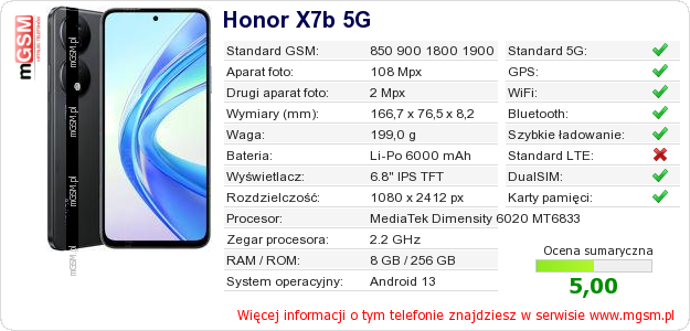 Dane telefonu Honor X7b 5G