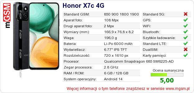 Dane telefonu Honor X7c 4G Dane telefonu Honor X7c 4G