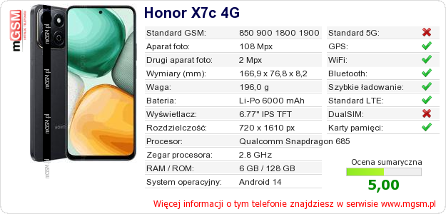 Dane telefonu Honor X7c 4G