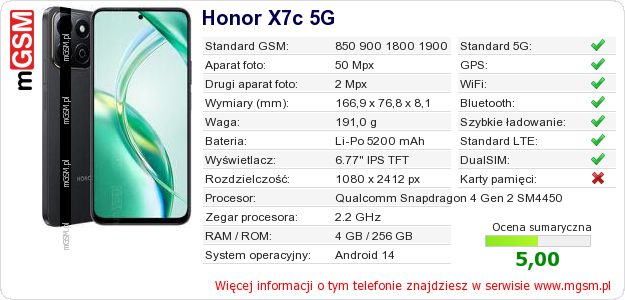 Dane telefonu Honor X7c 5G