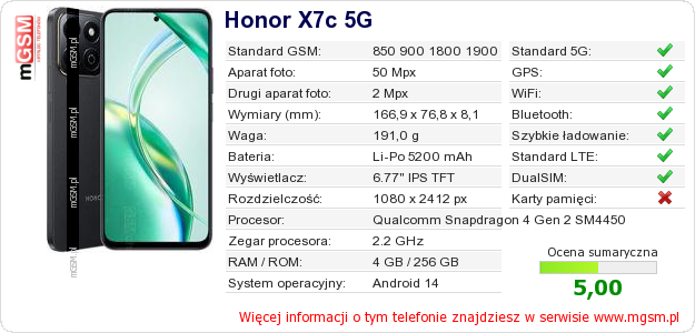 Dane telefonu Honor X7c 5G