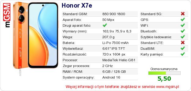 Dane telefonu Honor X7e Dane telefonu Honor X7e