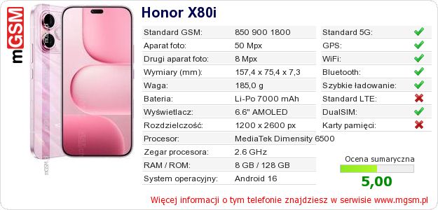 Dane telefonu Honor X80i Dane telefonu Honor X80i