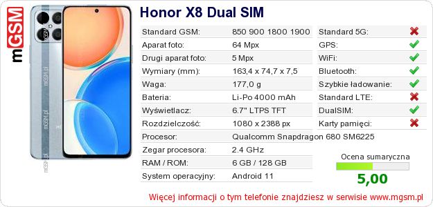 Dane telefonu Honor X8 Dual SIM Dane telefonu Honor X8 Dual SIM