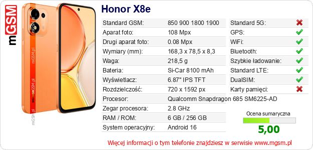 Dane telefonu Honor X8e Dane telefonu Honor X8e