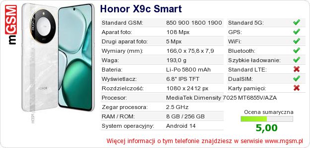 Dane telefonu Honor X9c Smart