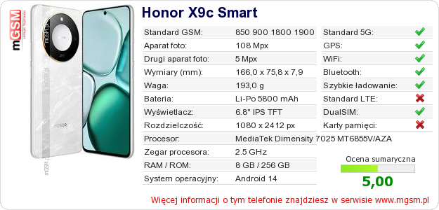 Dane telefonu Honor X9c Smart