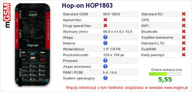 Dane telefonu Hop-on HOP1803 Dane telefonu Hop-on HOP1803