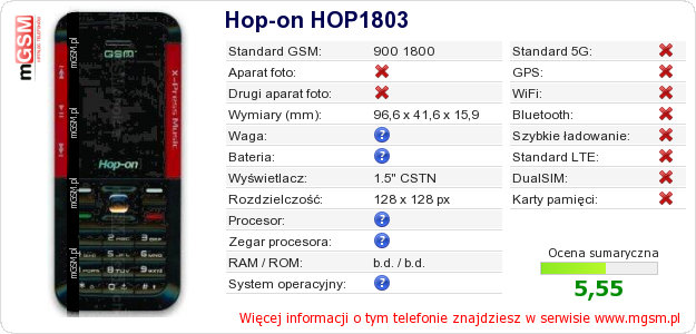 Dane telefonu Hop-on HOP1803