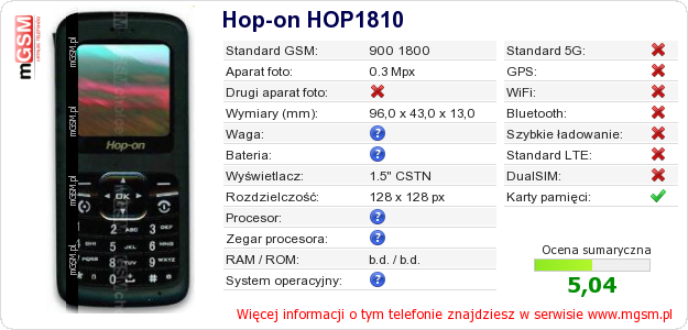 Dane telefonu Hop-on HOP1810