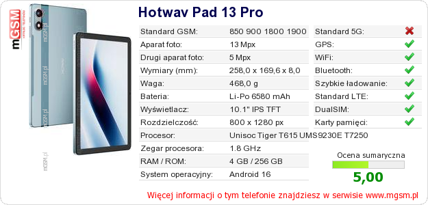 Dane telefonu Hotwav Pad 13 Pro Dane telefonu Hotwav Pad 13 Pro