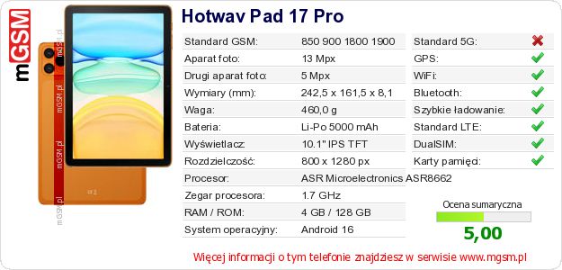 Dane telefonu Hotwav Pad 17 Pro