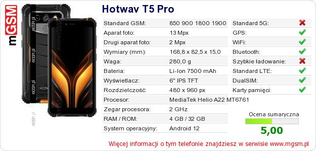Dane telefonu Hotwav T5 Pro